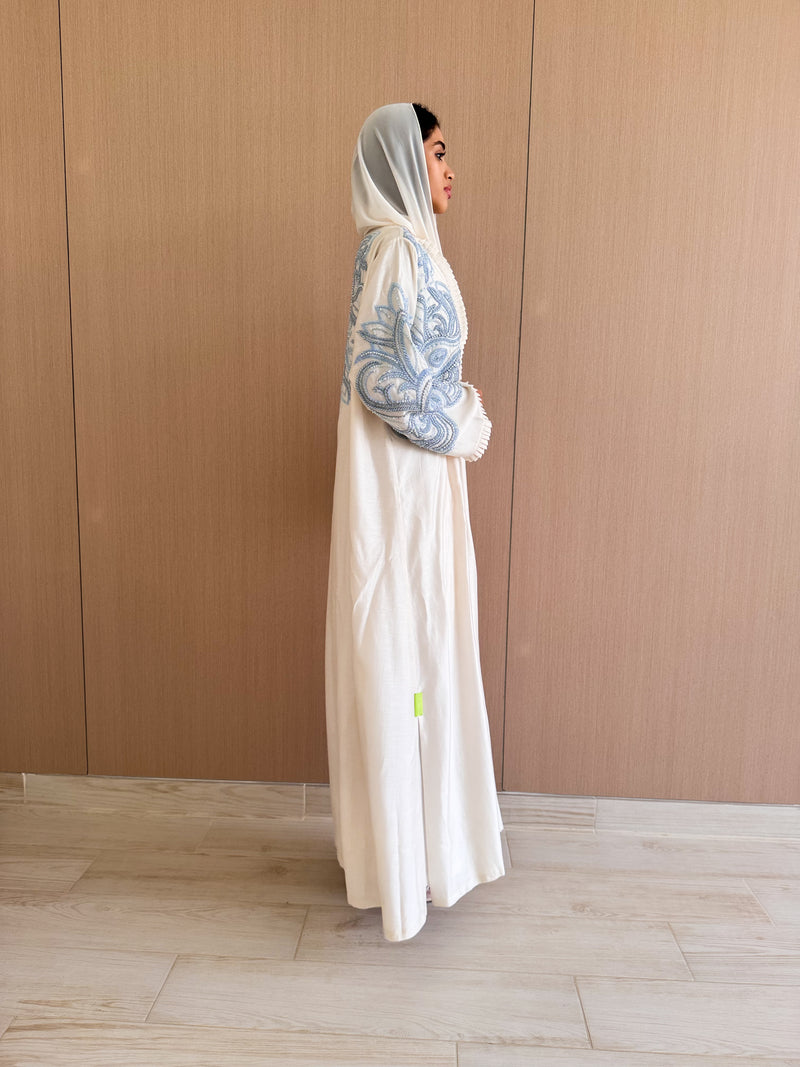 Bridal V Neck Abaya- Blue Pearl lace and raffle pleats