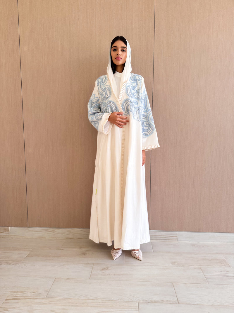 Bridal V Neck Abaya- Blue Pearl lace and raffle pleats