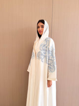 Bridal V Neck Abaya- Blue Pearl lace and raffle pleats
