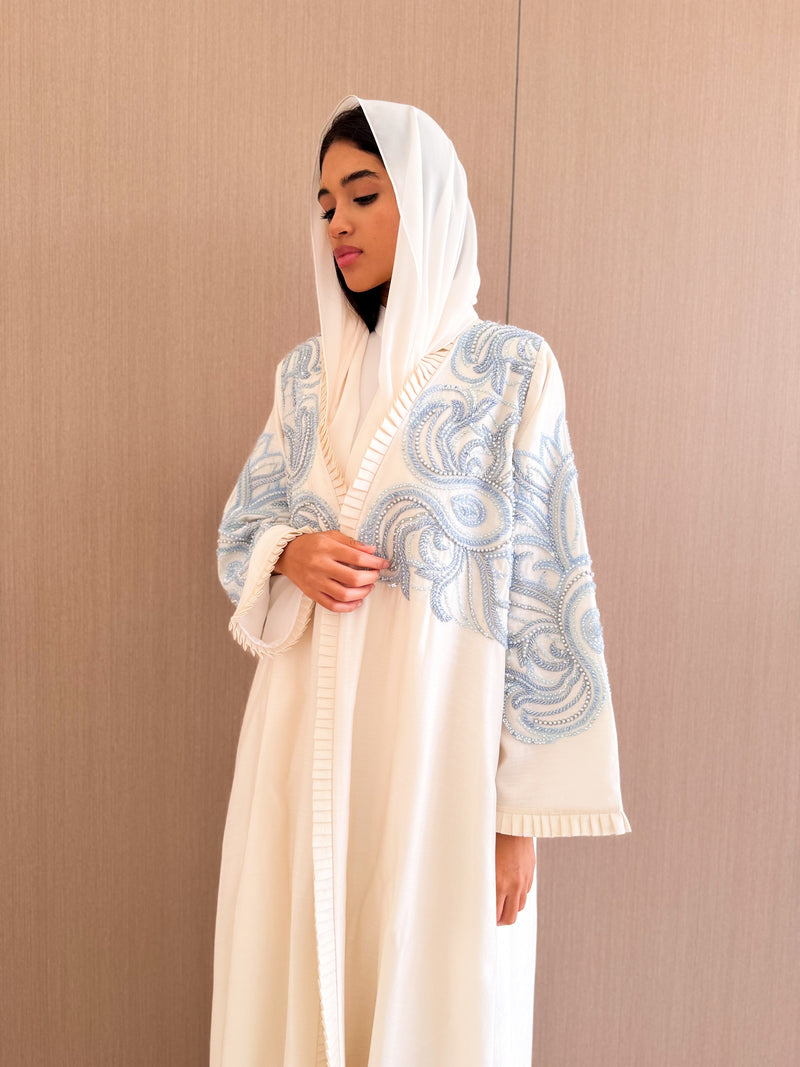 Bridal V Neck Abaya- Blue Pearl lace and raffle pleats