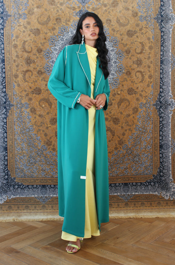 Sea Green Polycrep Abaya with Crystal Details