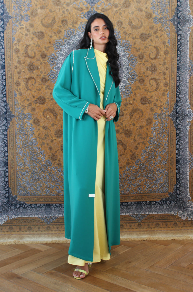 Sea Green Polycrep Abaya with Crystal Details