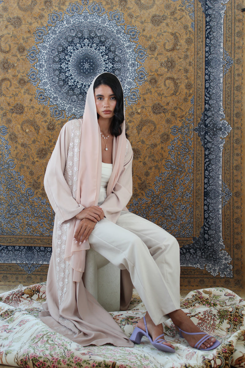 Peach Floral beads Abaya