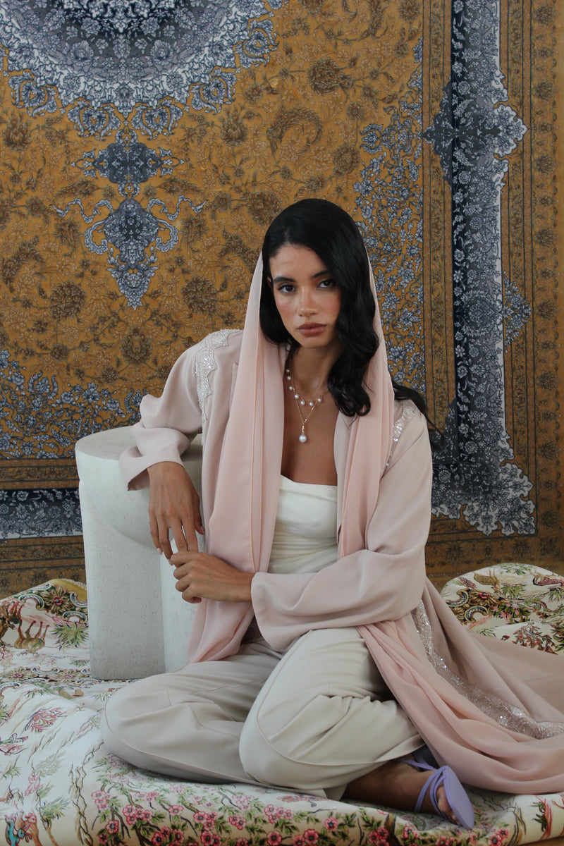 Peach Floral beads Abaya