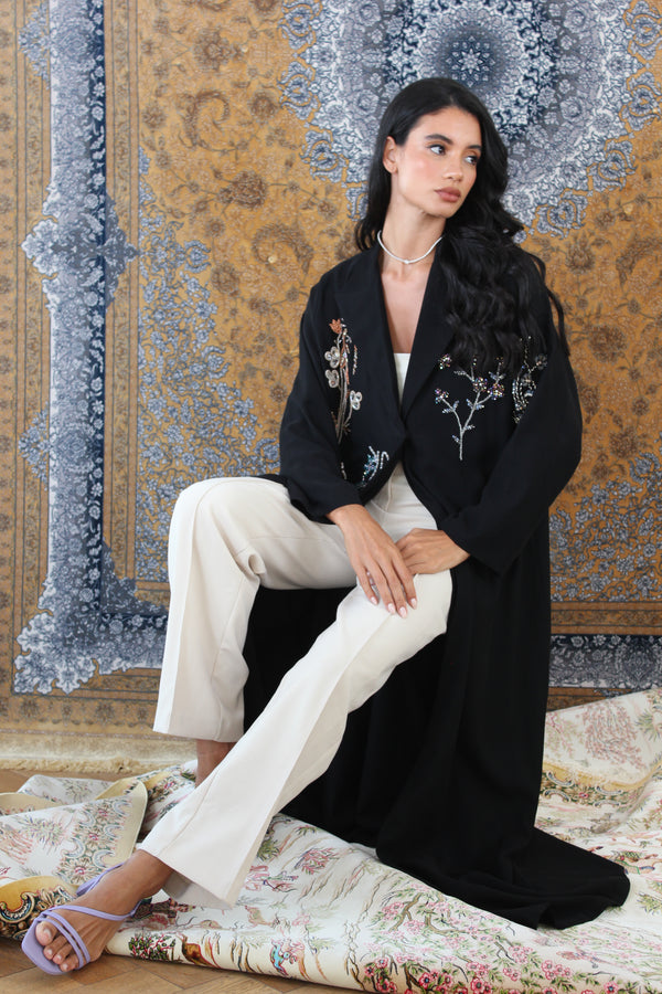 Black Peak Lapel Abaya With Embroidery