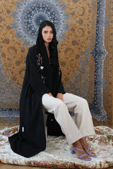 Black Peak Lapel Abaya With Embroidery
