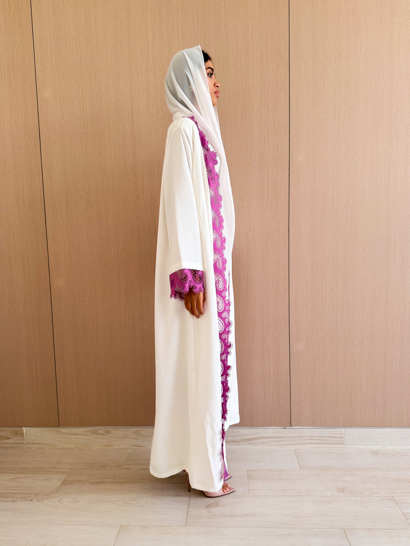Straight Cut Abaya - Purple Curvy Lace on Front and Sleeve