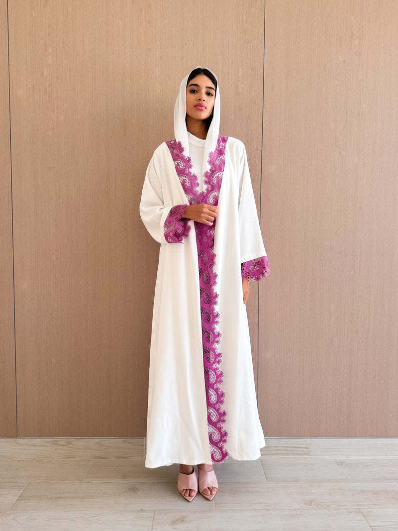 Straight Cut Abaya - Purple Curvy Lace on Front and Sleeve