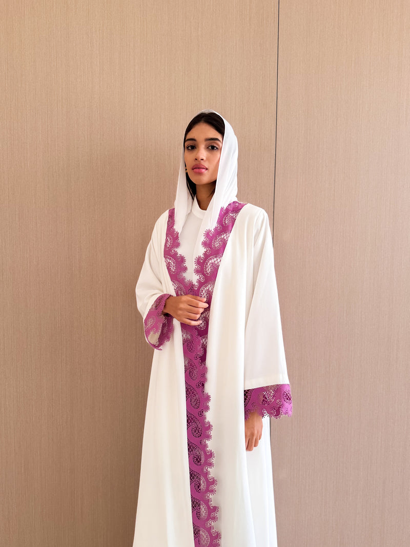 Straight Cut Abaya - Purple Curvy Lace on Front and Sleeve