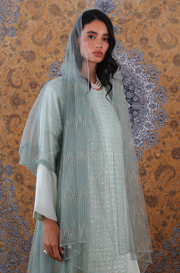 Green Silk Dress with box pearl lace