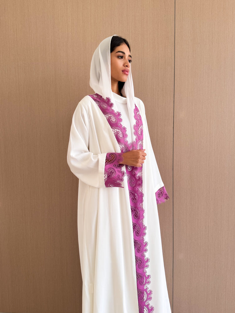 Straight Cut Abaya - Purple Curvy Lace on Front and Sleeve
