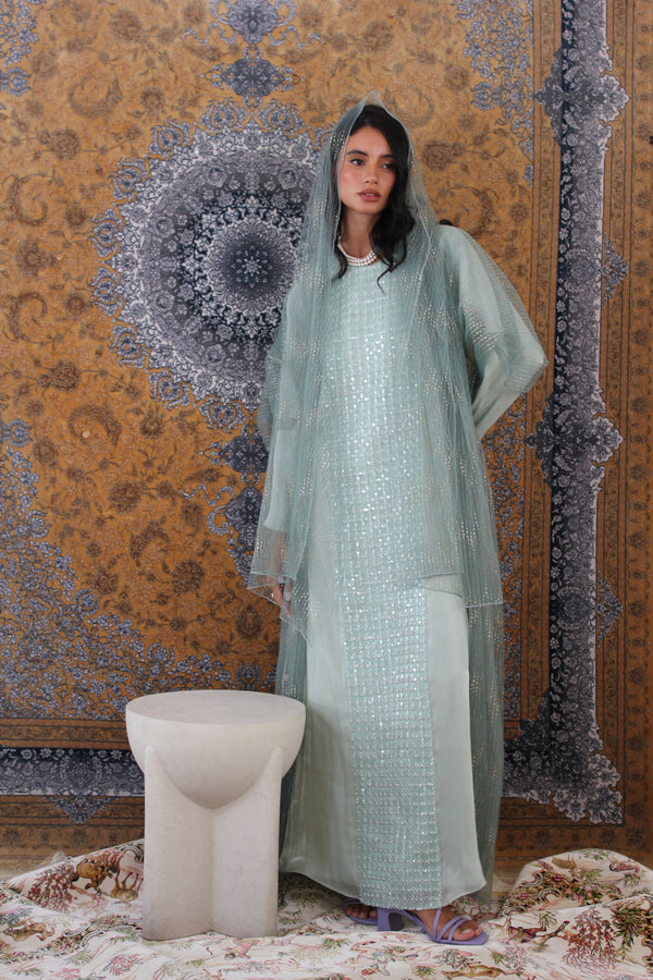 Green Silk Dress with box pearl lace