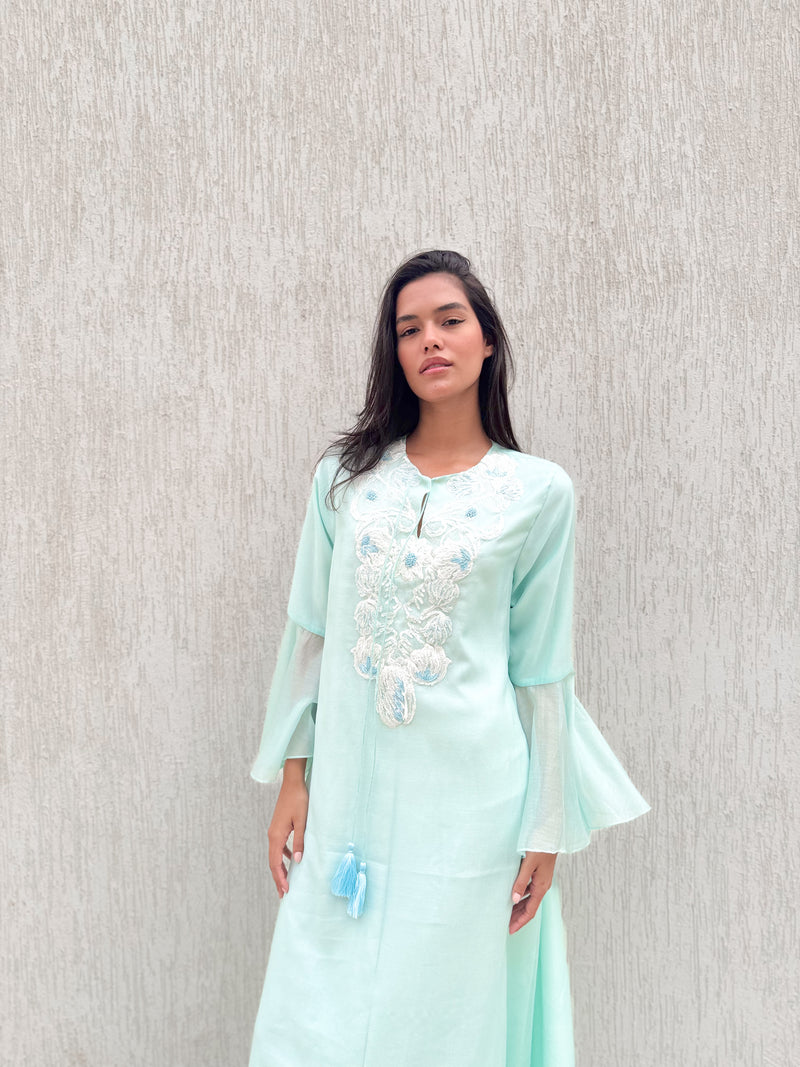 Round v Neck Kaftan With White Embroidery