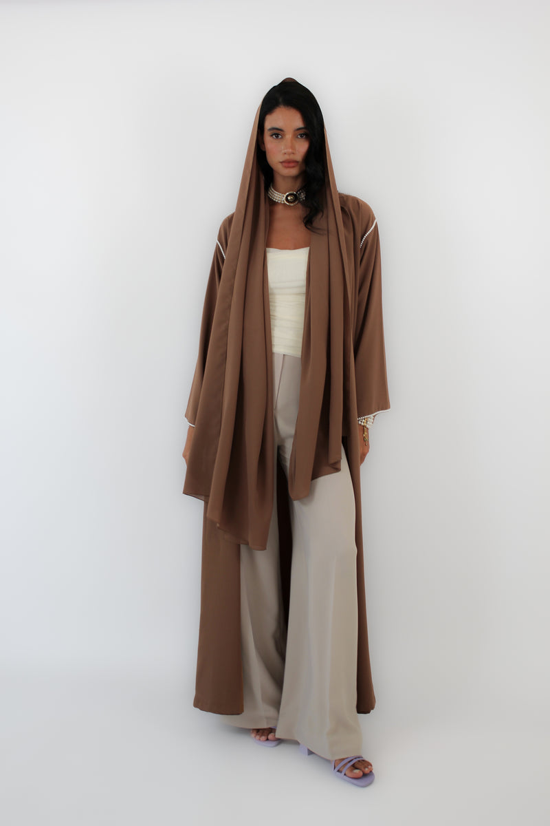 Camel Beige Abaya with Pearl Work