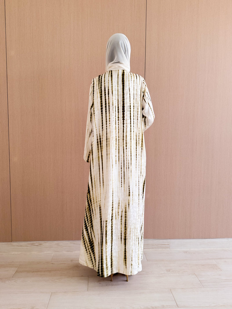 V Neck Abaya - Green With Off White Printed Tie Dye