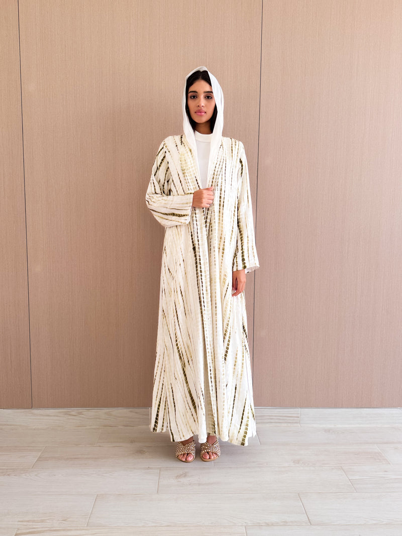 V Neck Abaya - Green With Off White Printed Tie Dye