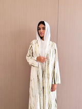 V Neck Abaya - Green With Off White Printed Tie Dye