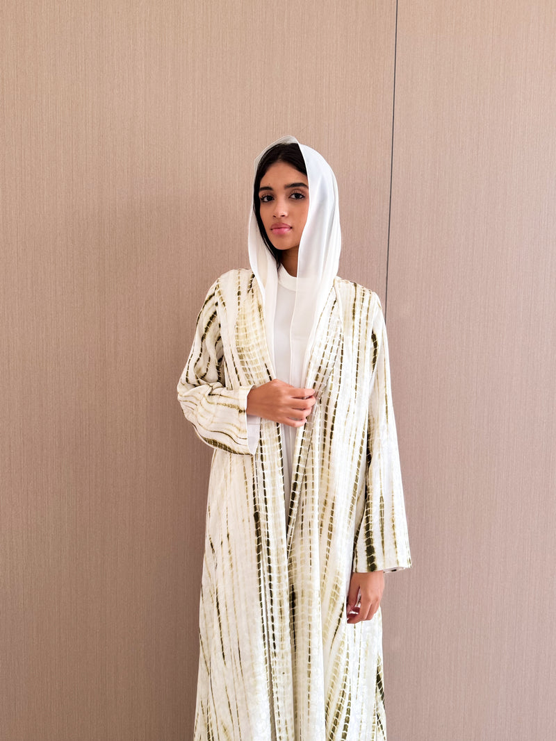 V Neck Abaya - Green With Off White Printed Tie Dye