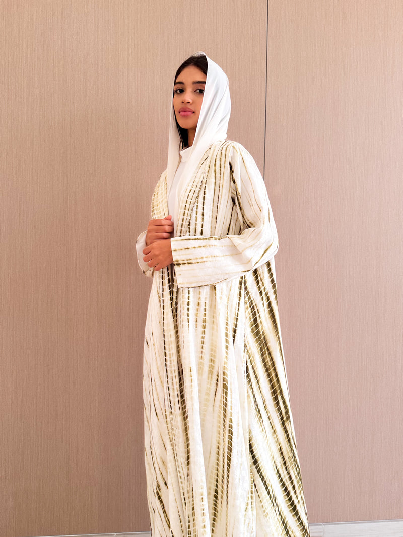 V Neck Abaya - Green With Off White Printed Tie Dye