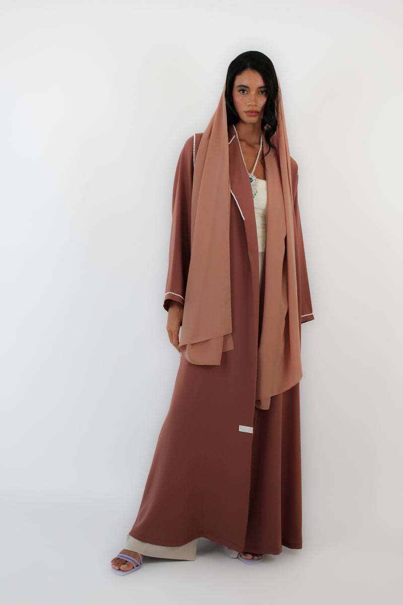 Peak Lapel Abaya with white Pearls