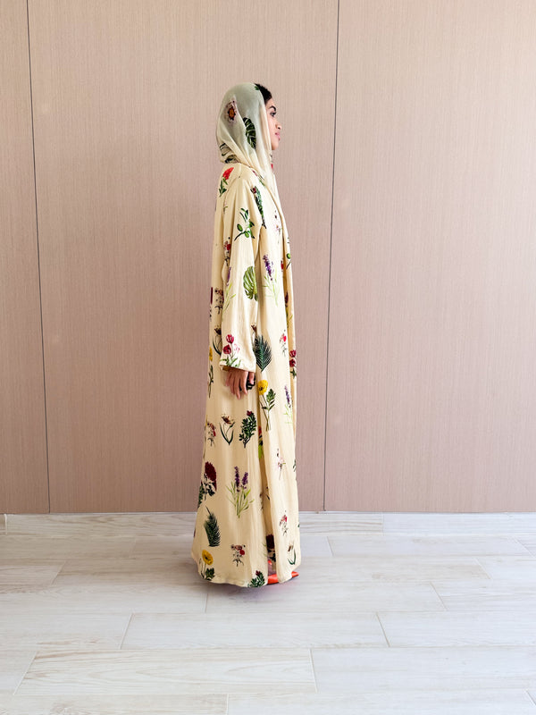 V Neck Abaya - Floral Printed Silk With Side Slits