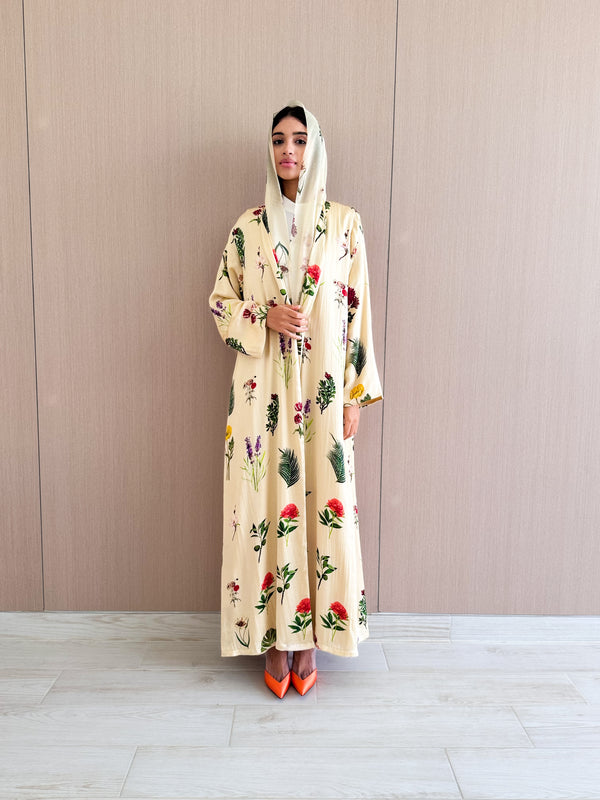 V Neck Abaya - Floral Printed Silk With Side Slits