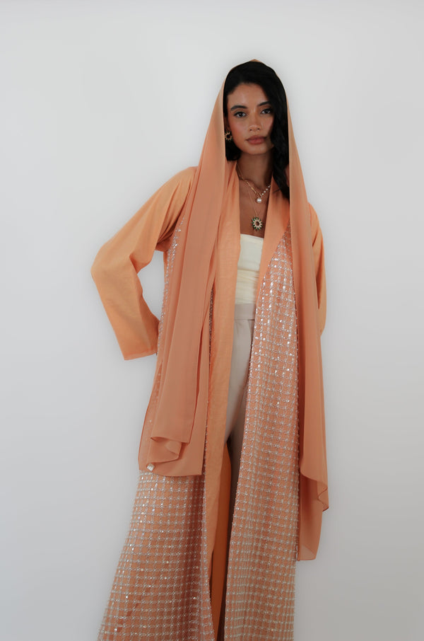 Zainah Cut Abaya With Peach Pearls Box Lace