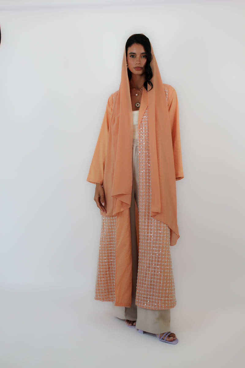 Zainah Cut Abaya With Peach Pearls Box Lace
