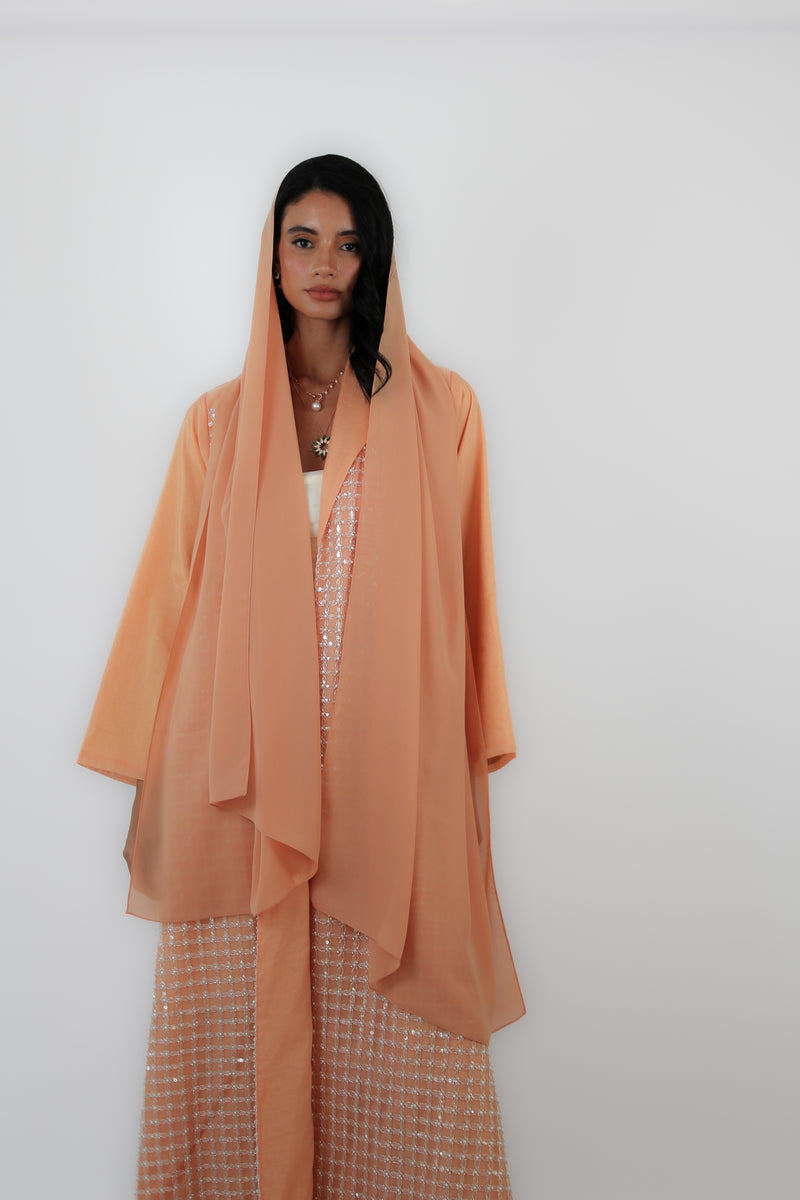 Zainah Cut Abaya With Peach Pearls Box Lace