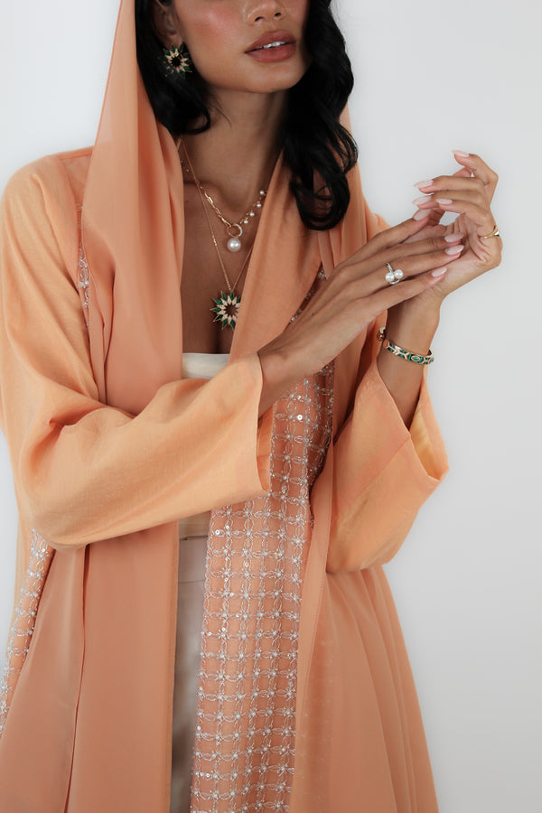 Zainah Cut Abaya With Peach Pearls Box Lace