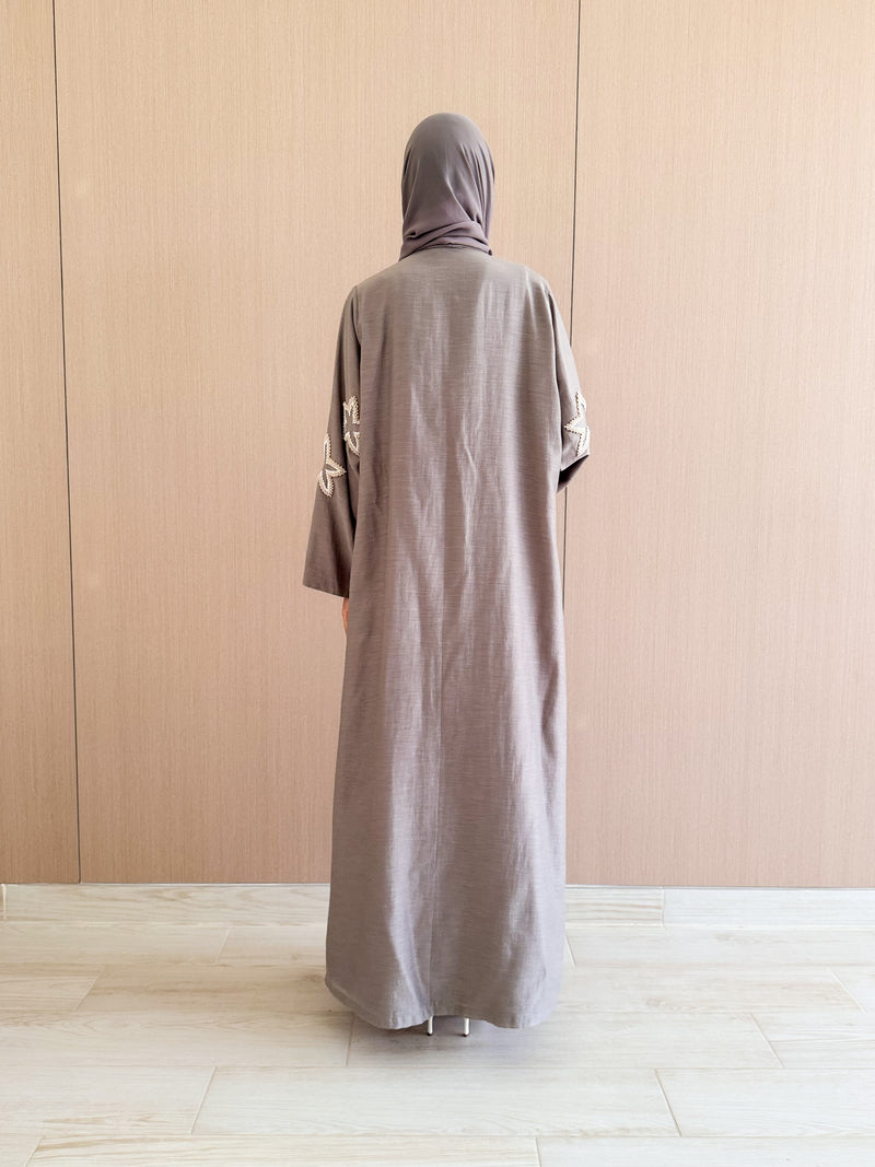 Zainah Cut Abaya - Star Bead Work on Front - Grey
