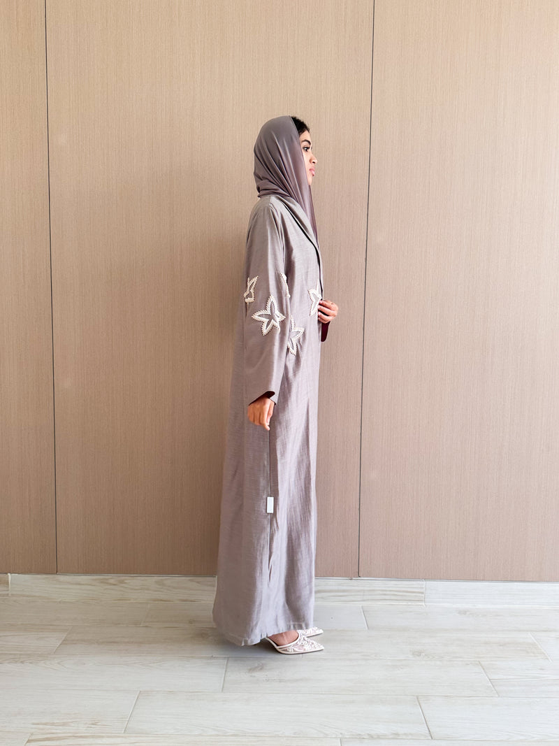 Zainah Cut Abaya - Star Bead Work on Front - Grey