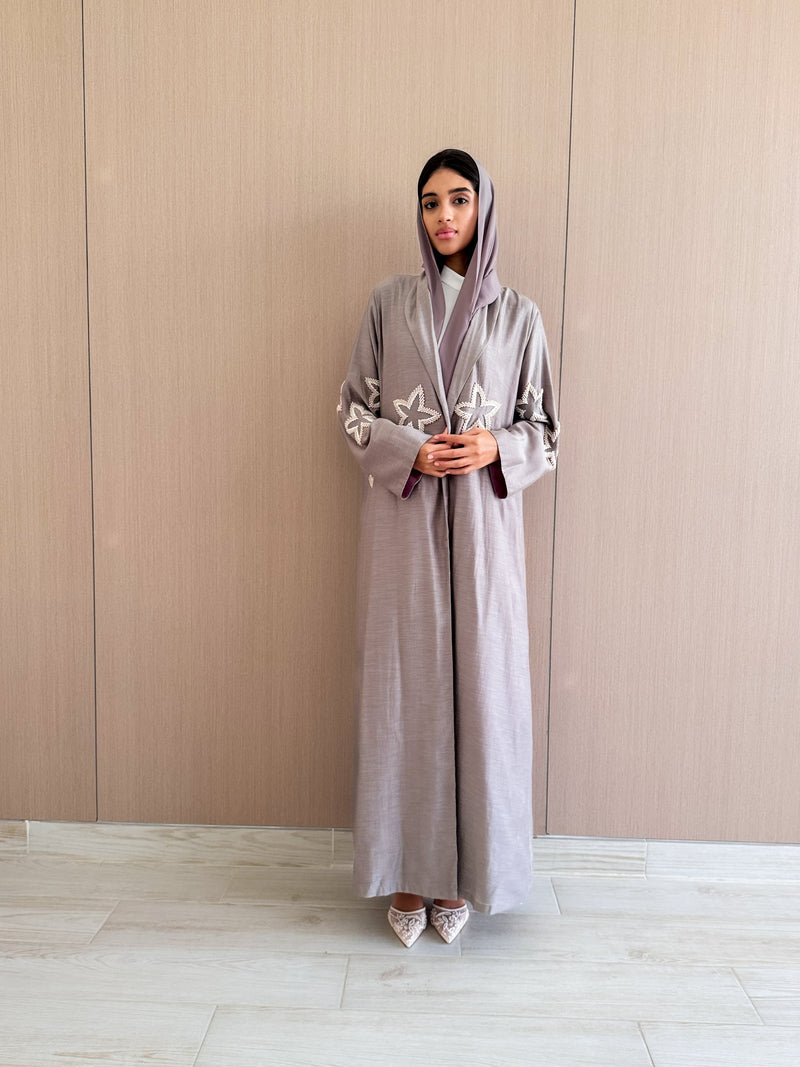 Zainah Cut Abaya - Star Bead Work on Front - Grey