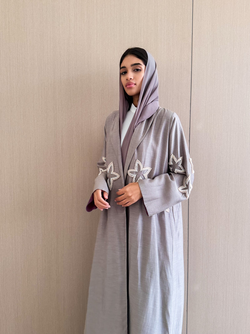 Zainah Cut Abaya - Star Bead Work on Front - Grey