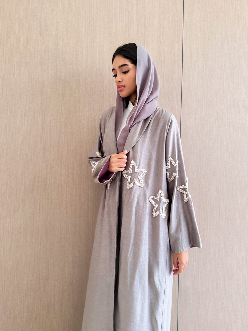 Zainah Cut Abaya - Star Bead Work on Front - Grey