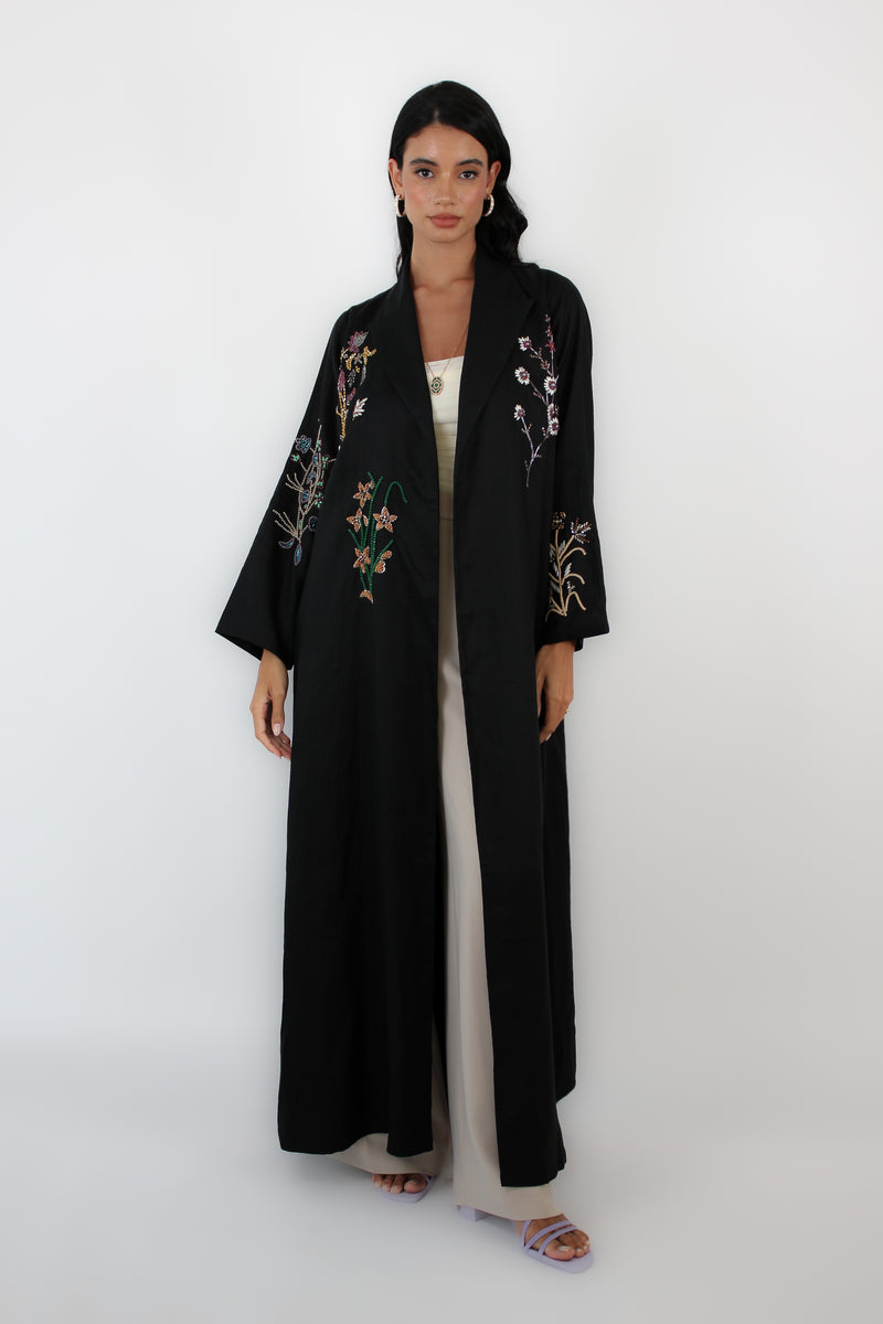 Notched Collar Abaya in Floral embroidery work