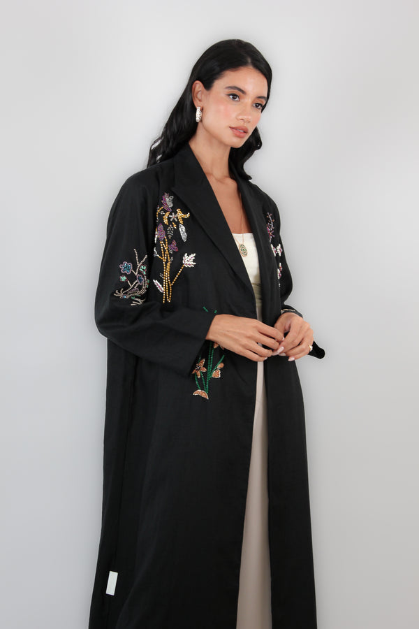 Notched Collar Abaya in Floral embroidery work