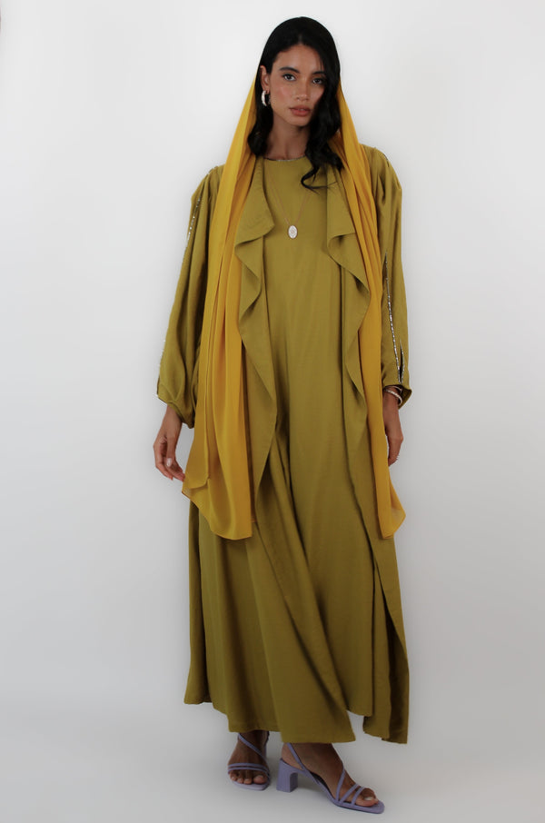 Mustard Panel Laying V-Neck Abaya With Pleat Details