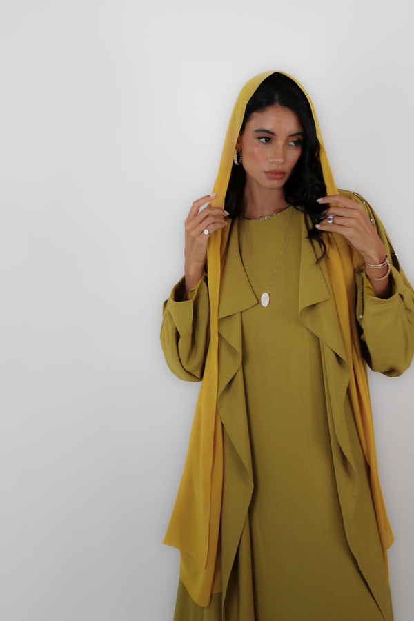 Mustard Panel Laying V-Neck Abaya With Pleat Details
