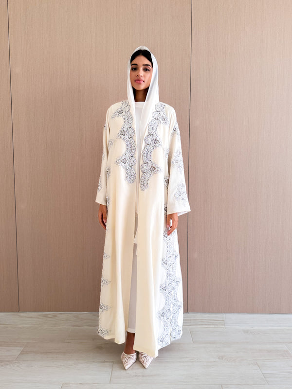 V Neck Straight Cut Abaya - Curvy Grey and Off White Lace