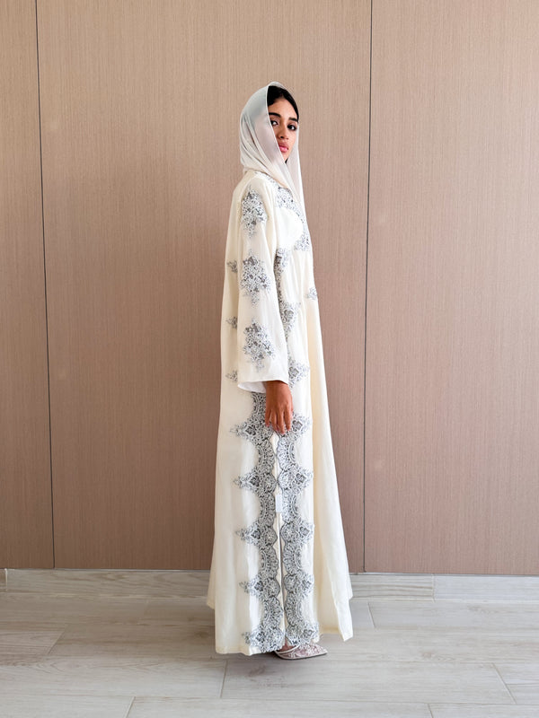 V Neck Straight Cut Abaya - Curvy Grey and Off White Lace