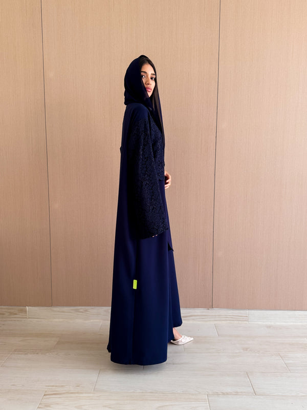 V Neck Abaya - With Lace Panel on Front and Sleeves