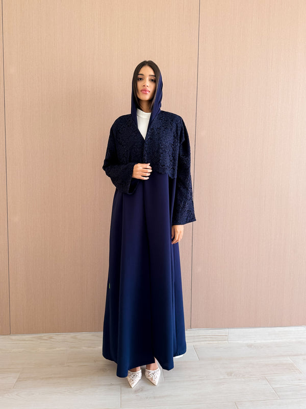 V Neck Abaya - With Lace Panel on Front and Sleeves