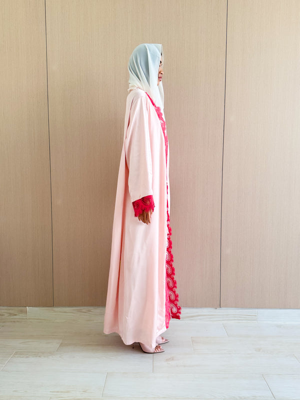 Straight Cut Abaya - Red Curvy Lace on Front and Sleeve