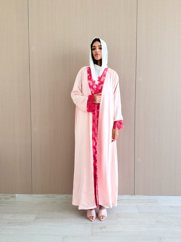 Straight Cut Abaya - Red Curvy Lace on Front and Sleeve