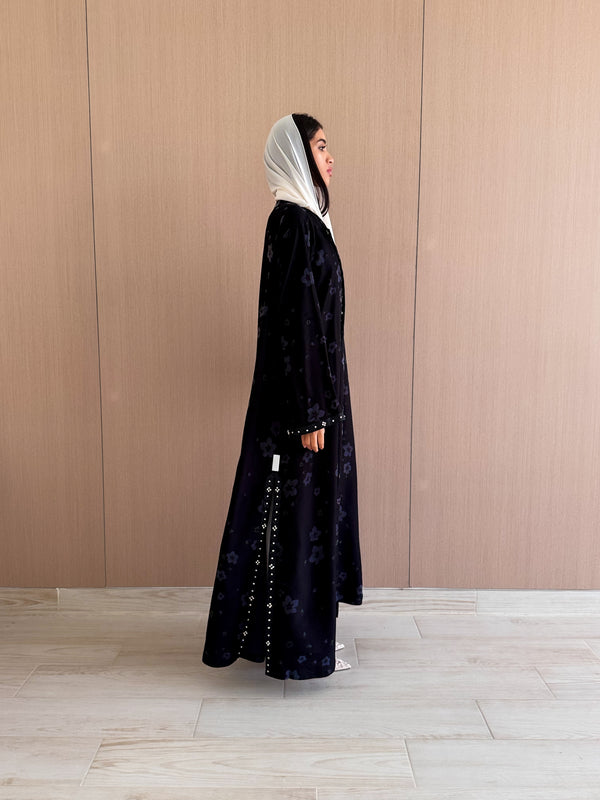 Round Neck Abaya - BLUE Mix With Black Floral Print Stone Work