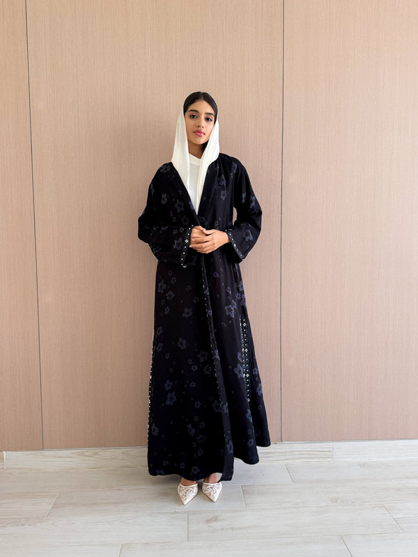 Round Neck Abaya - BLUE Mix With Black Floral Print Stone Work