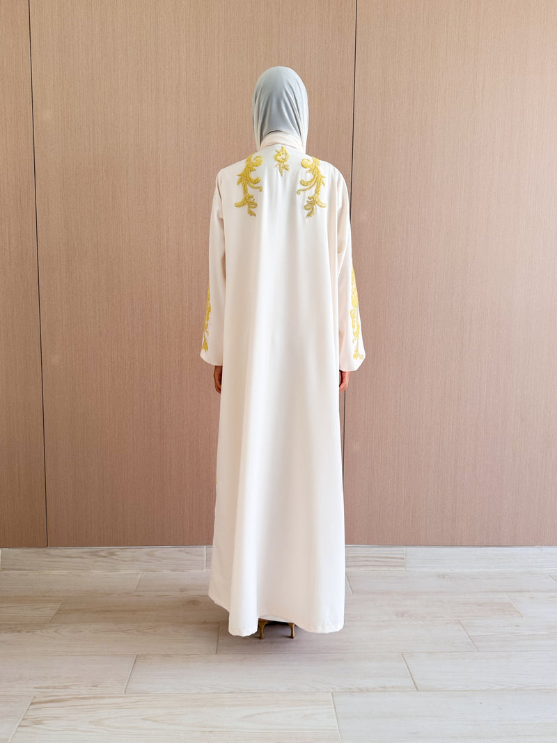 V Neck Abaya - Yellow Bead Work Lace on Front Sleeves