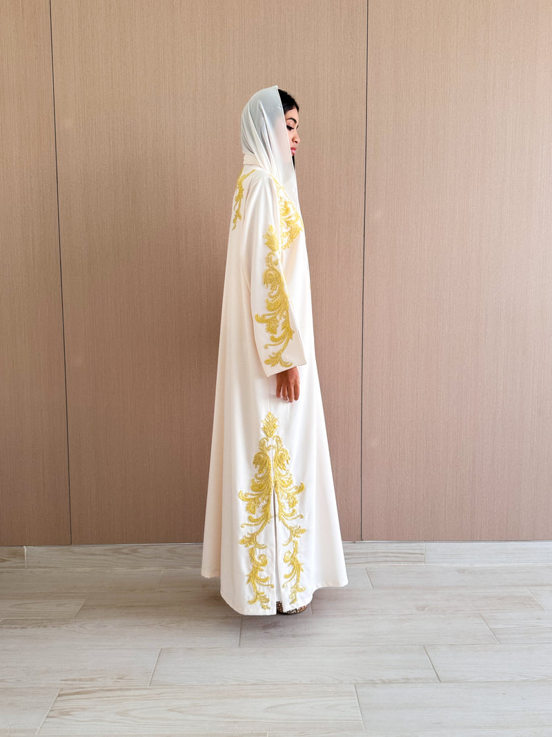 V Neck Abaya - Yellow Bead Work Lace on Front Sleeves