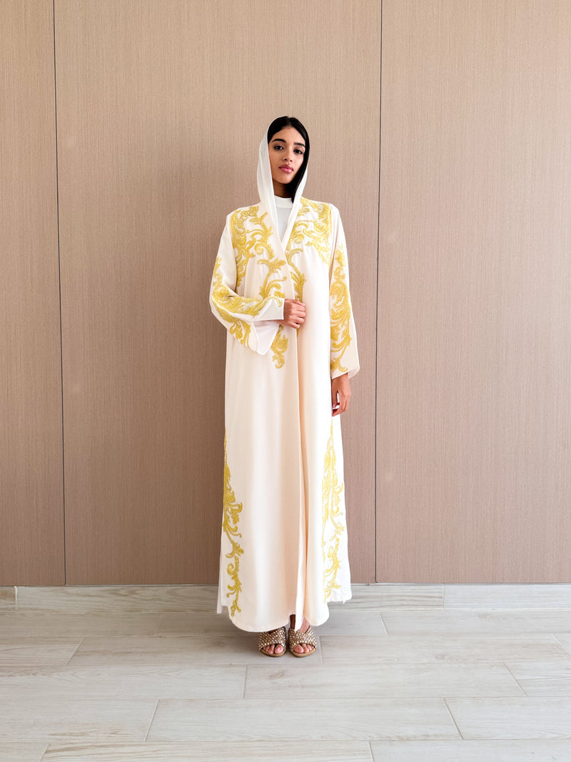 V Neck Abaya - Yellow Bead Work Lace on Front Sleeves